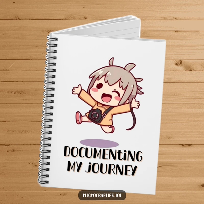 Funny kawaii notebook with an excited character jumping holding a camera bag, ideal for photo ideas and notes.