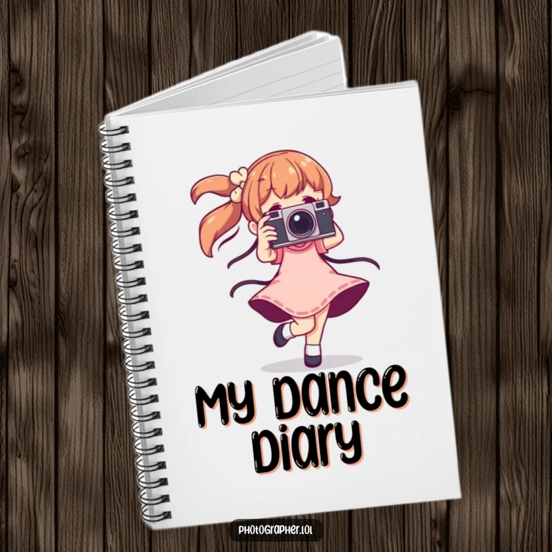 Funny dancing photographer notebook with a character twirling joyfully with a vintage camera, perfect for jotting down creative ideas.