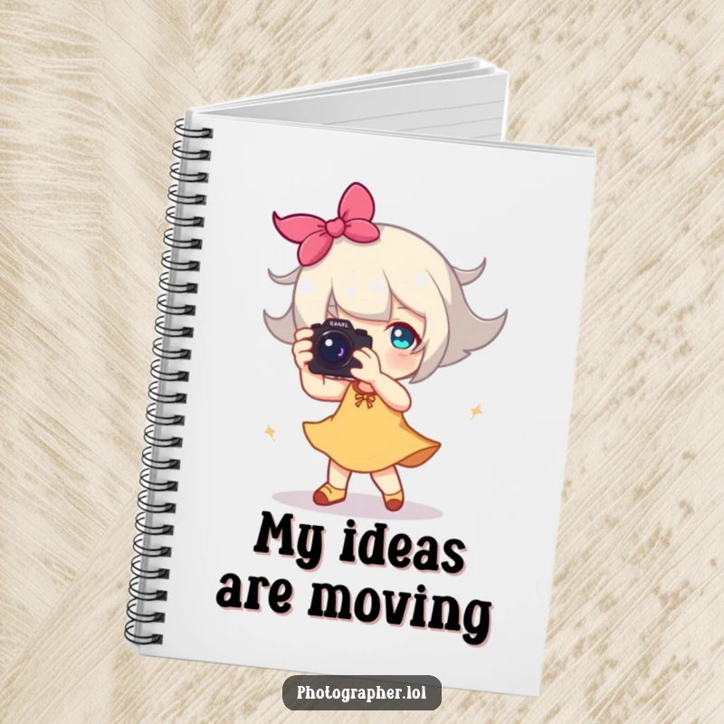 Funny notebook featuring a character dancing with a camera, a happy blur of motion, for photo notes.
