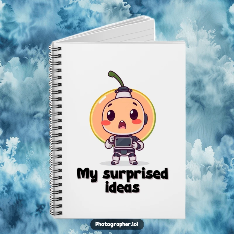 Funny notebook cover with a surprised fruit item being photographed by a tiny robot, perfect for jotting down witty thoughts and observations.