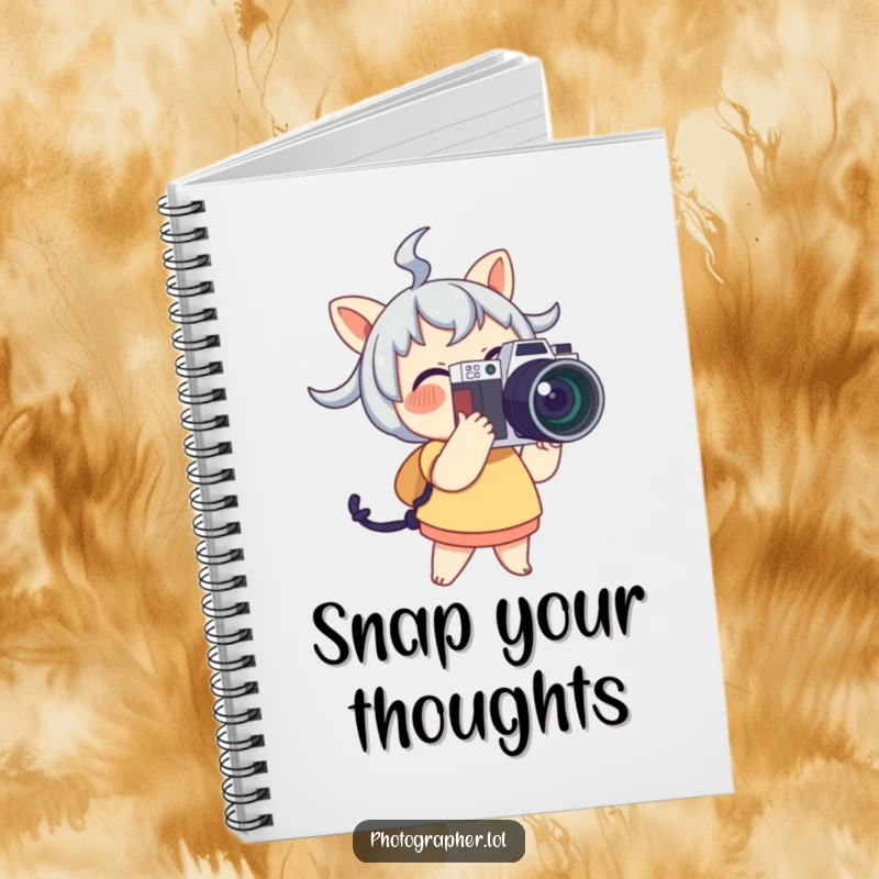 Funny Notebook featuring a cute character joyfully holding a camera with flash, ideal for jotting down creative ideas.
