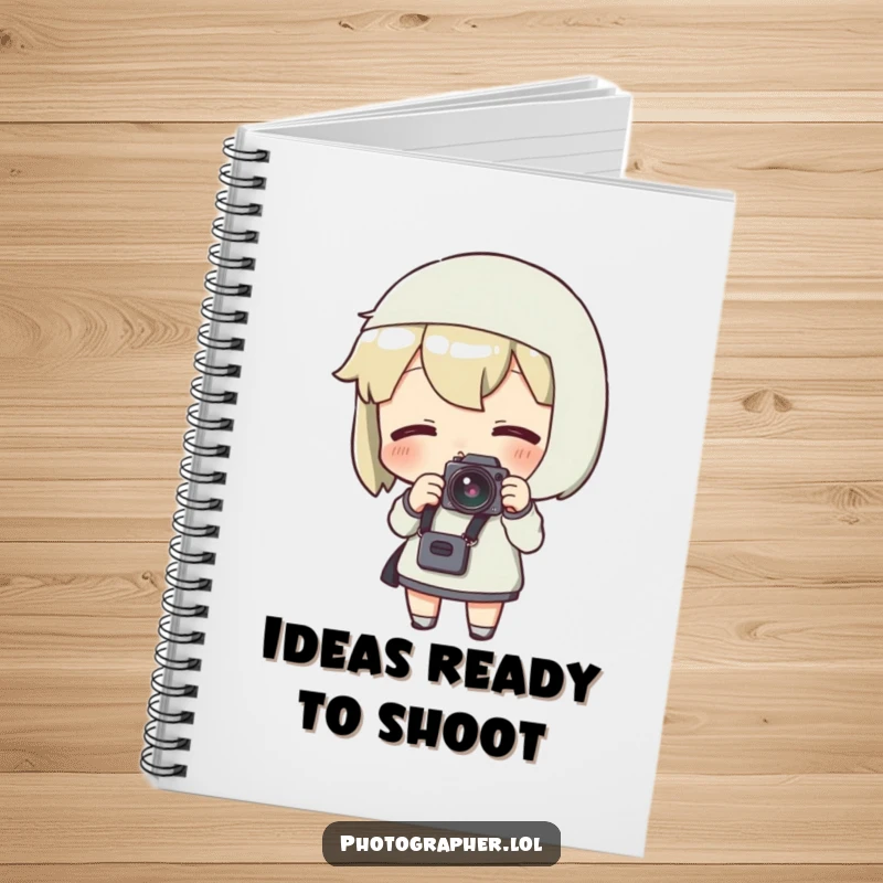 Funny notebook cover with a character excitedly adjusting a camera strap, designed for photo notes and inspiration.