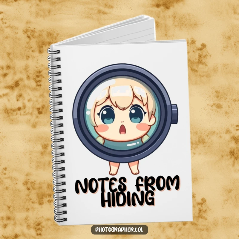 Funny Notebook featuring a surprised character peeking from behind a large lens, ideal for jotting down creative ideas.