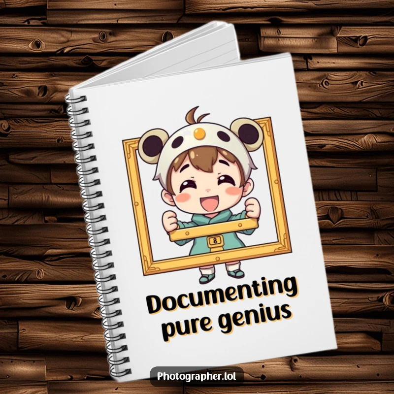 Funny notebook designed for photographers, featuring a proud character showing a framed photo, ideal for notes and project planning.