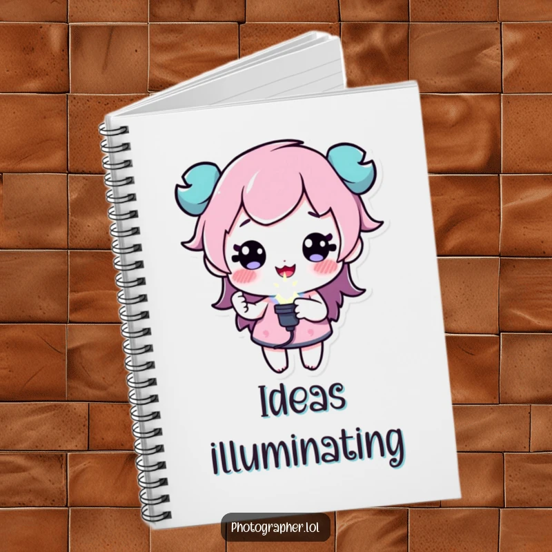 Funny notebook with a character holding a sparkling flash bulb, ideal for capturing bright ideas, a great funny gift.