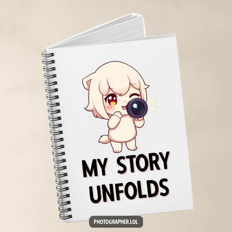 Funny Notebook featuring a character winking and pointing a camera with a sparkling light trail, great for notes and creative ideas.