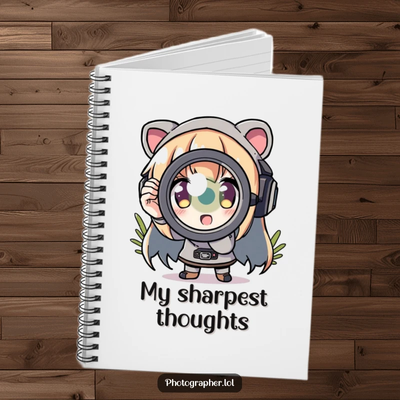 Funny notebook featuring a character zooming in with a comically exaggerated lens, ideal for creative notes.