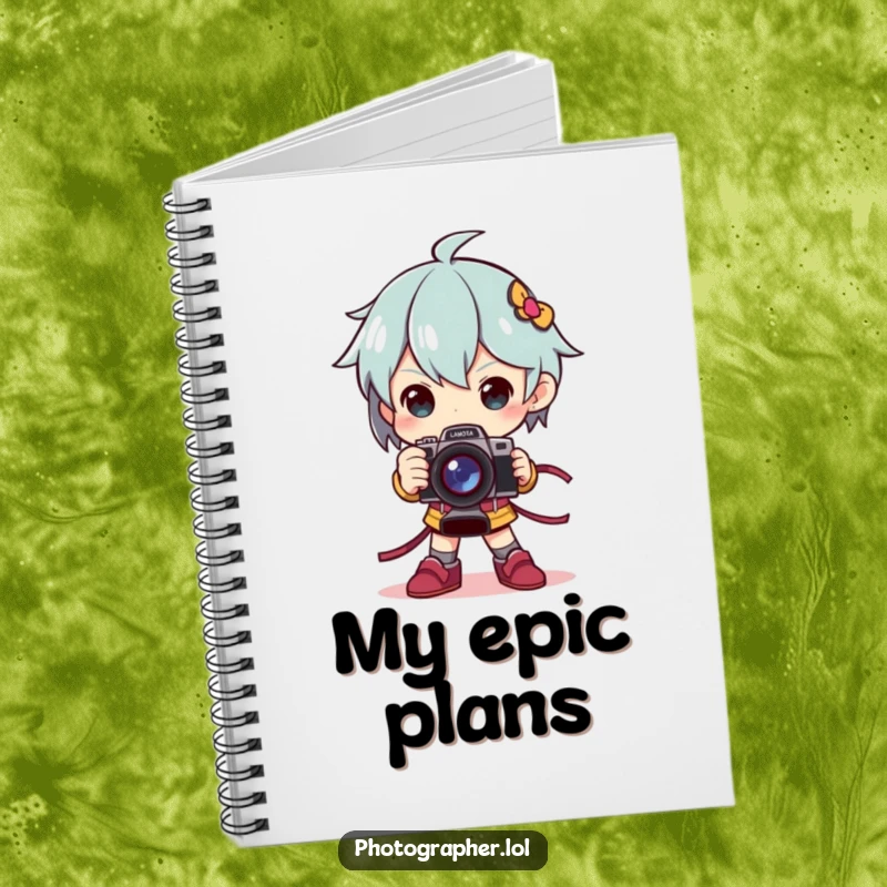 Funny notebook cover with a character in a dramatic, triumphant pose holding a camera like a trophy, for journaling.