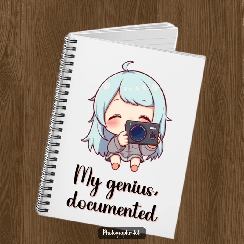 Funny notebook cover with a character giggling at their camera, ideal for jotting down photography thoughts.