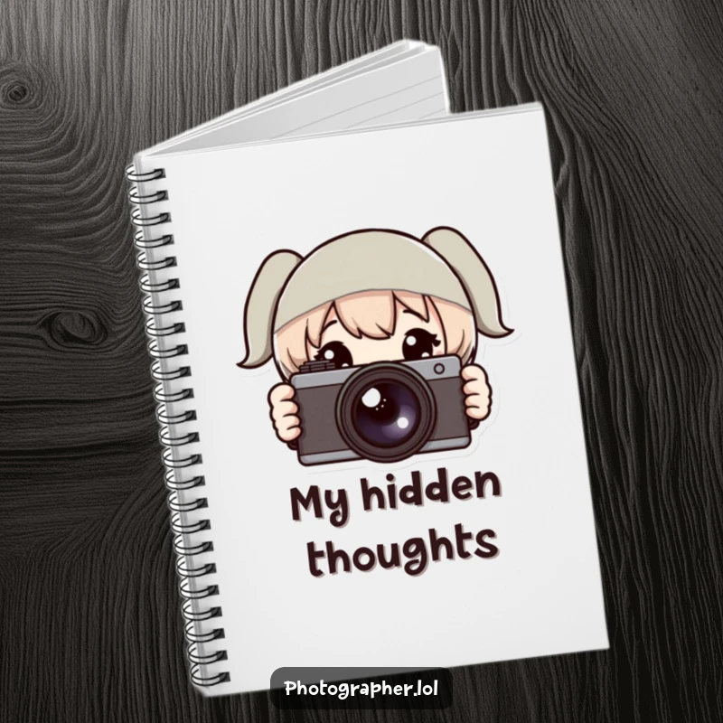 Funny notebook with a shy character holding a camera, perfect for sketching, writing, or journaling photography ideas and observations.