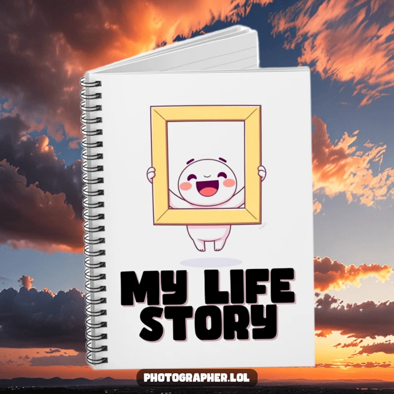 Funny Notebook: A happy kawaii character holds a large, colorful photo frame, ready to capture your ideas.