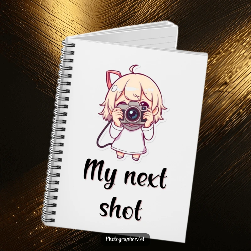 Funny notebook with a character taking a photo using a vintage camera, ideal for note-taking and creative journaling.