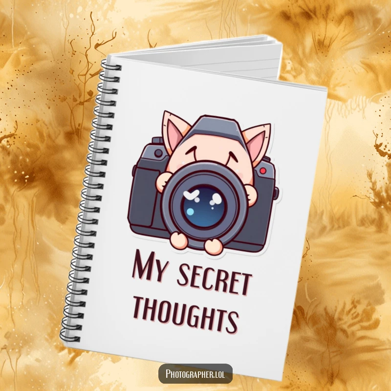Funny notebook cover with a character's mischievous grin peeking from behind a prominent camera lens, for note-taking.