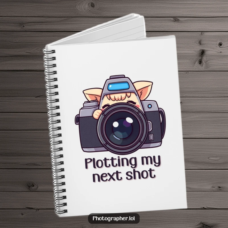 Funny notebook with a character peeking from behind a large camera and winking, perfect for jotting down notes or ideas.