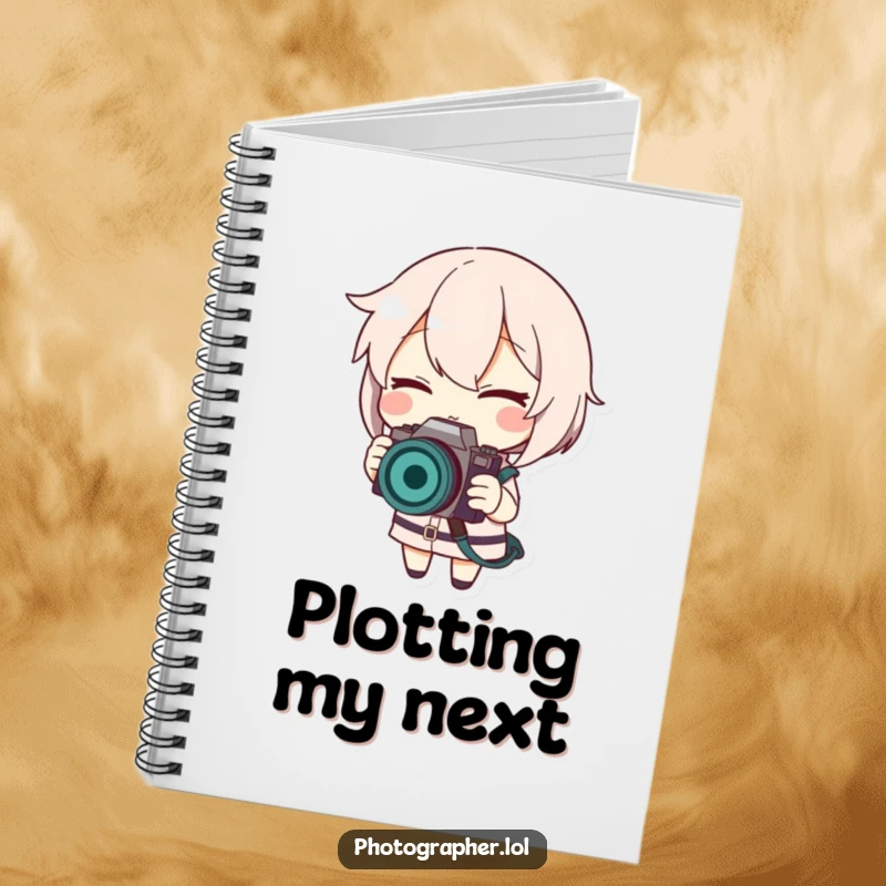 Funny notebook featuring a winking character smiling while adjusting a camera strap, ideal for note-taking.