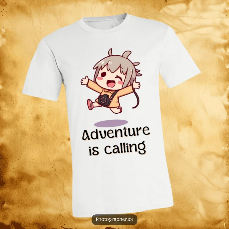 Funny kawaii t-shirt of an excited character jumping joyfully while holding a camera bag, perfect for photographers.