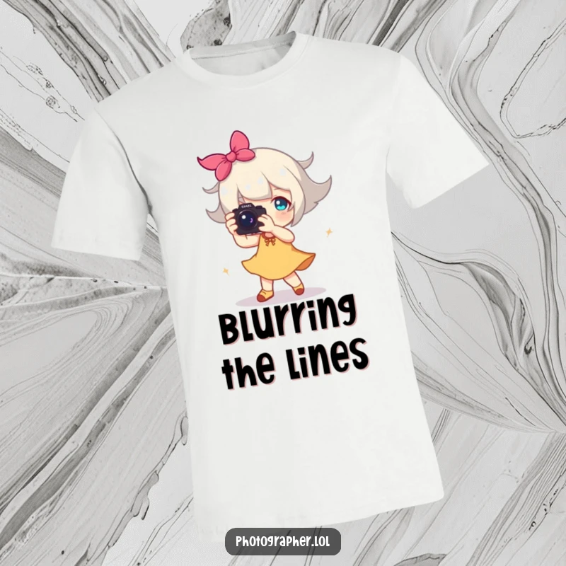 Funny t-shirt showing a character dancing with a camera, a happy blur of motion, perfect for active photographers.