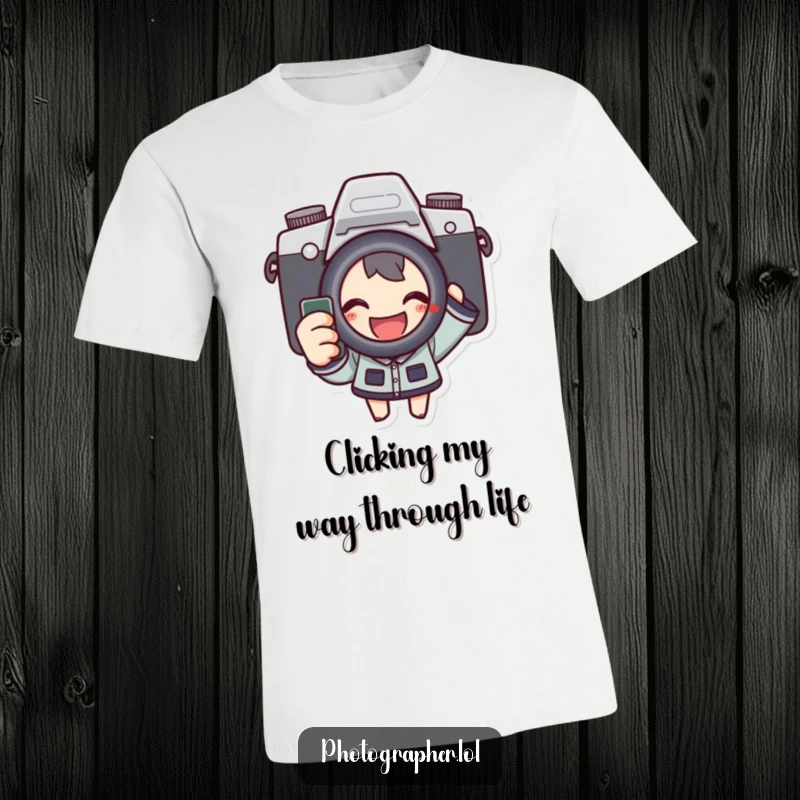 Funny t-shirt depicting an excited character activating a camera shutter, grinning happily, perfect for photographers and content creators.