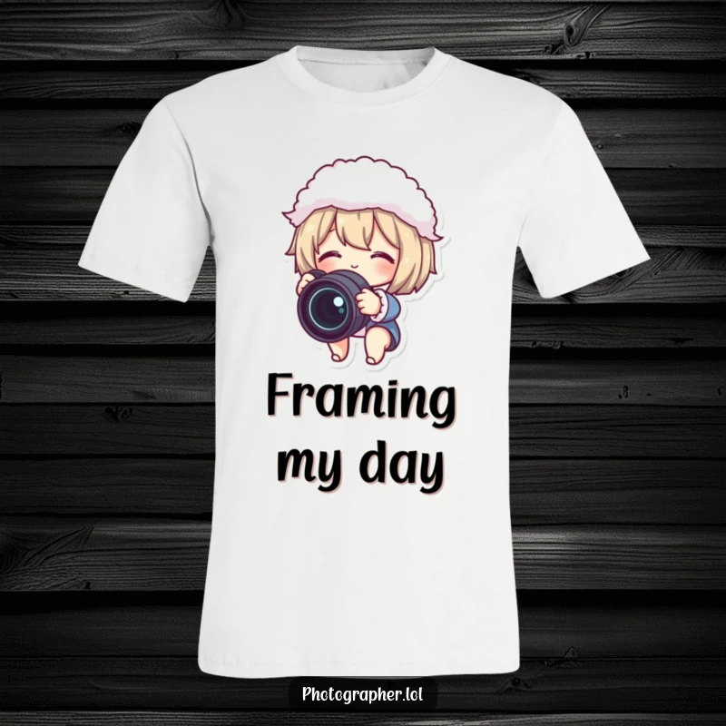 Funny t-shirt featuring a cute character happily adjusting a camera lens with a fluffy lens cap, embodying photography joy.