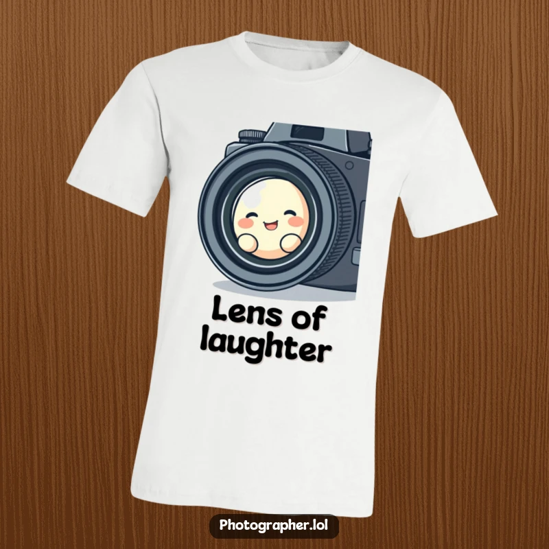 Funny t-shirt showing a cute blob character with a giggling expression, peering through the intricate lens of a vintage camera, suggesting playful observation.