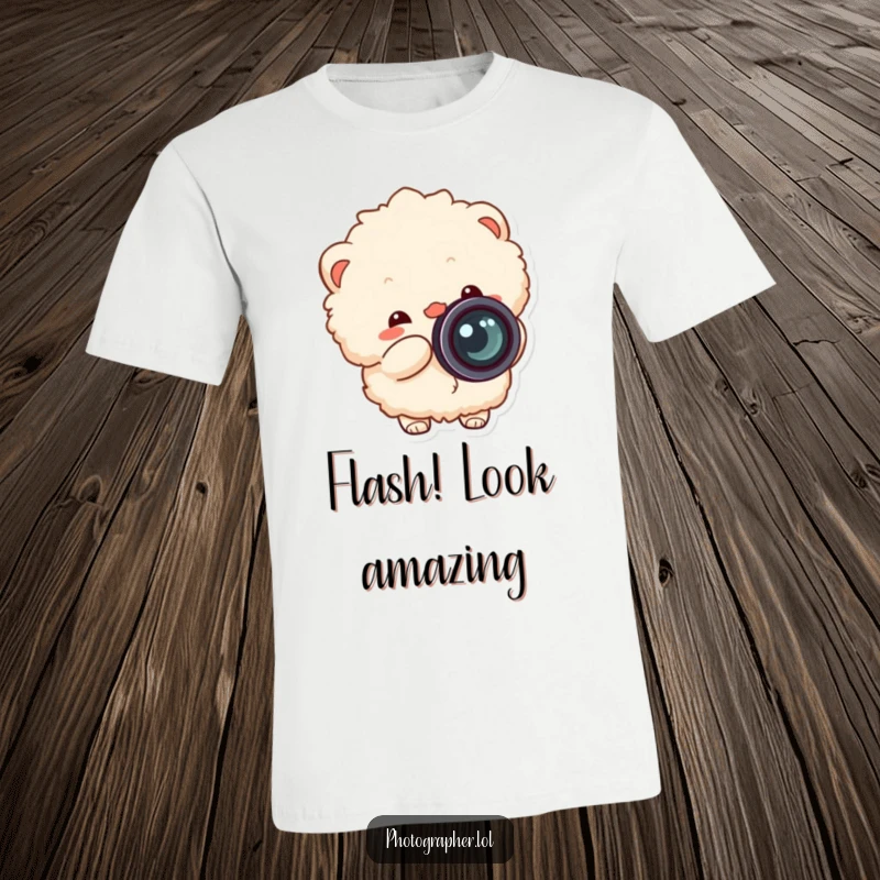 Funny fluffy photographer t-shirt, happily clicking a camera, lens cap flying off, conveying joyful photography.