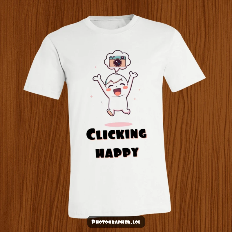 Funny T-Shirt: An adorable subject is captured mid-jump for joy, a camera icon visible in their thought bubble.