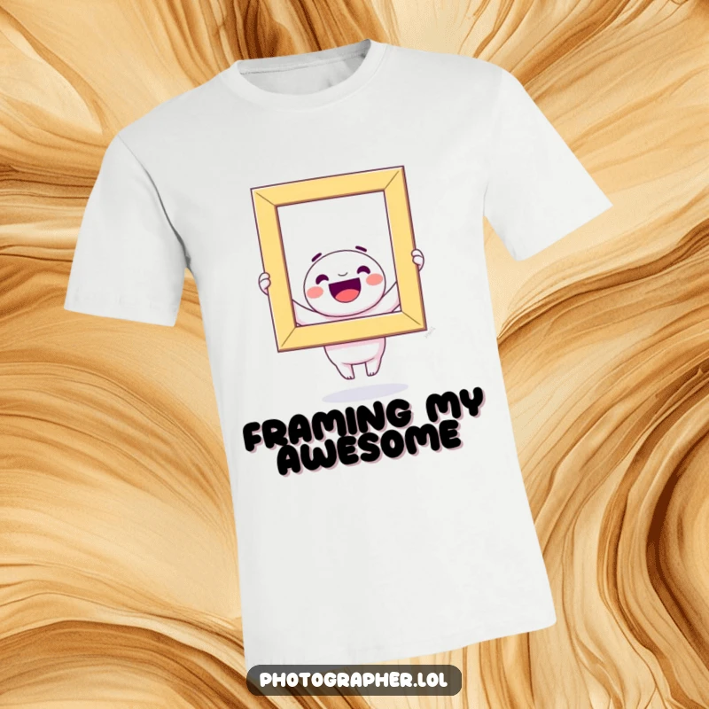 Funny T-Shirt: Cute kawaii character beams with delight, holding a huge, brightly colored photo frame mid-air.