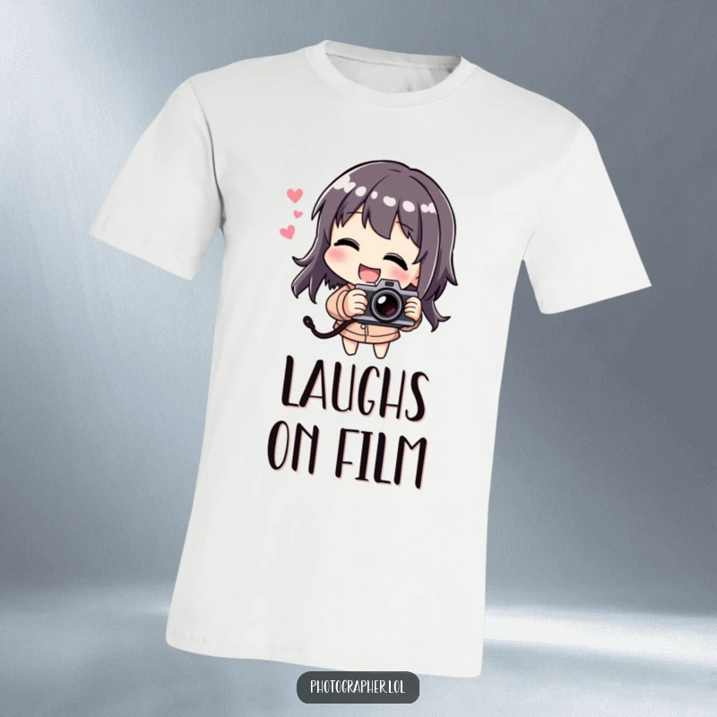 Funny t-shirt of a character laughing gleefully while tilting a camera playfully, ideal for photography enthusiasts.