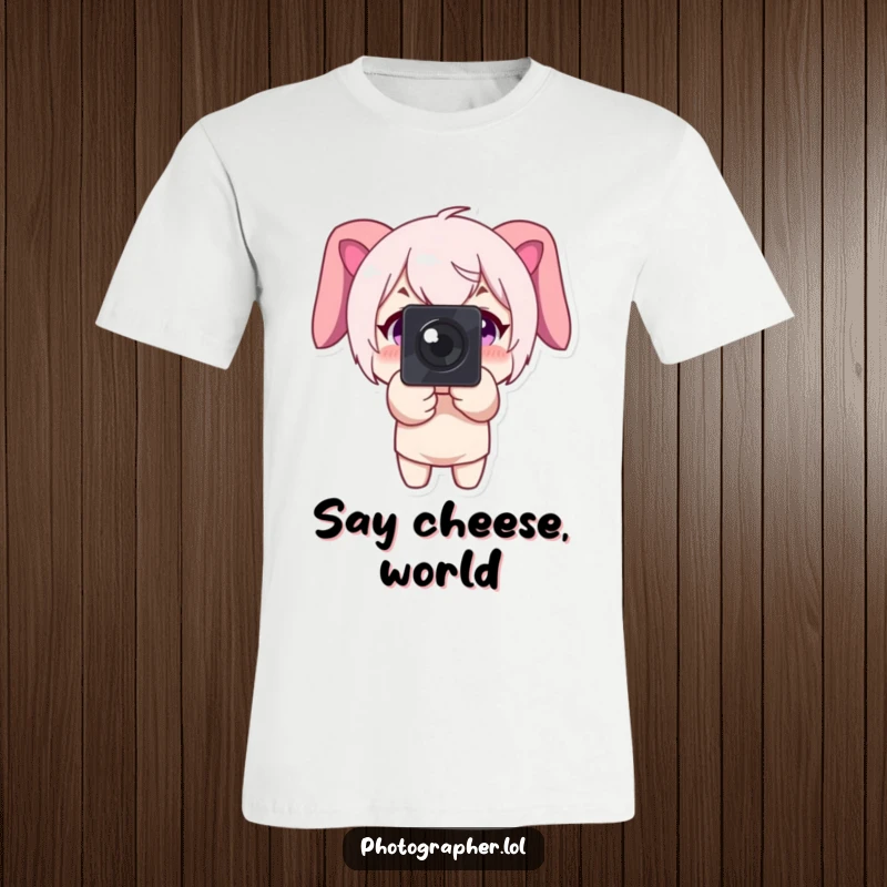 Funny t-shirt print of a character pointing a camera forward with a big smile, expressing joy and readiness.