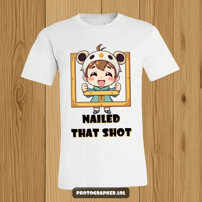 Funny t-shirt showing a character beaming with pride, presenting a perfectly framed photograph, embodying artistic accomplishment.