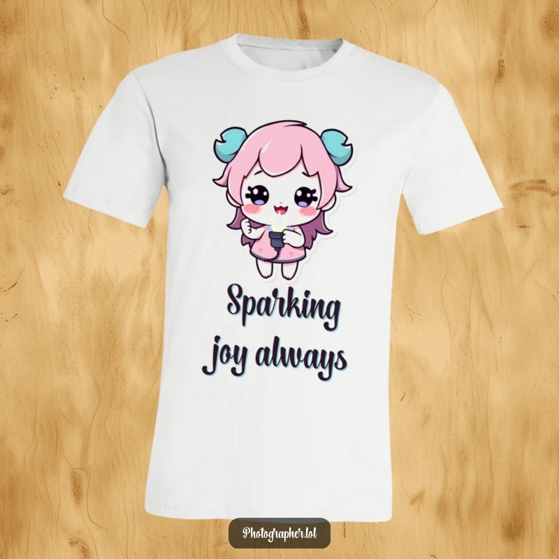 Funny t-shirt featuring a character holding a sparkling flash bulb, representing bright ideas and creativity, a great funny gift.
