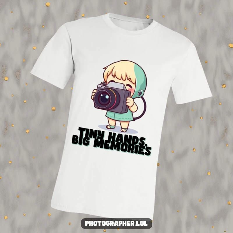 Funny t-shirt featuring a tiny character joyfully taking a picture using a big, old-school camera.
