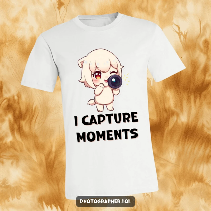 Funny T-Shirt of a character winking, pointing a camera with a sparkling light trail, perfect for photographers, humorous apparel.