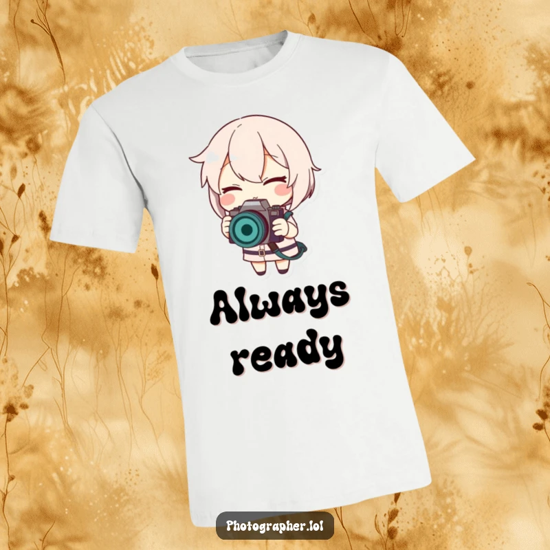 Funny t-shirt showing a character winking with a smile while adjusting a camera strap, perfect for photo enthusiasts.