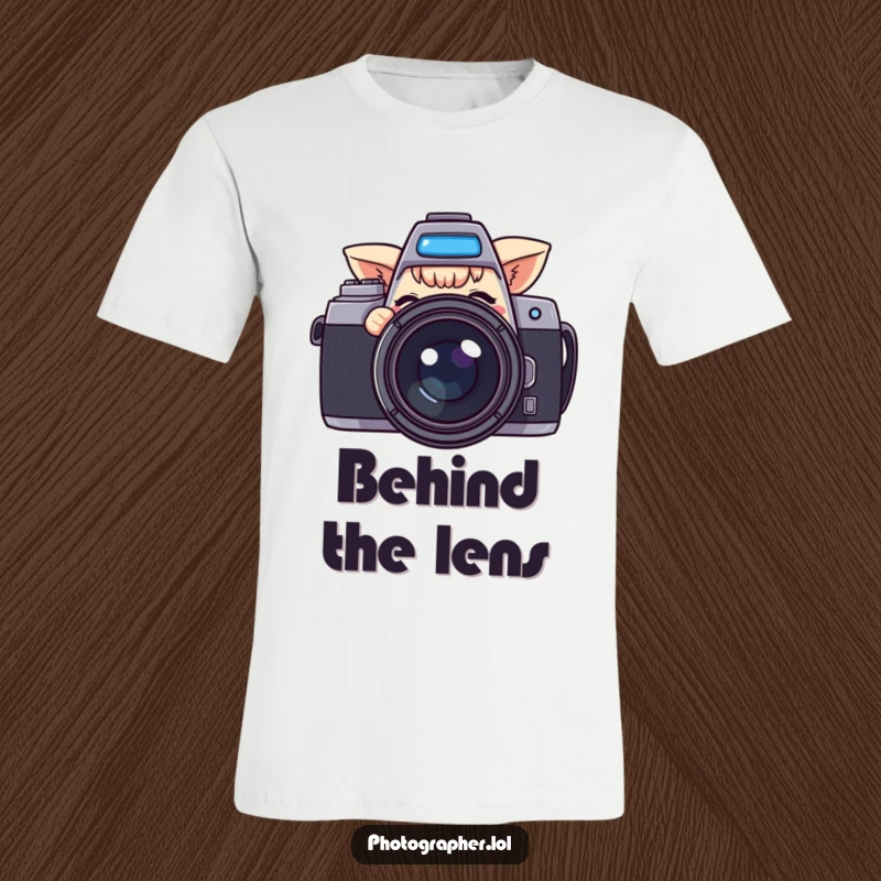 Funny t-shirt with a playful character hidden behind a large camera, offering a mischievous wink, ideal for photography enthusiasts.