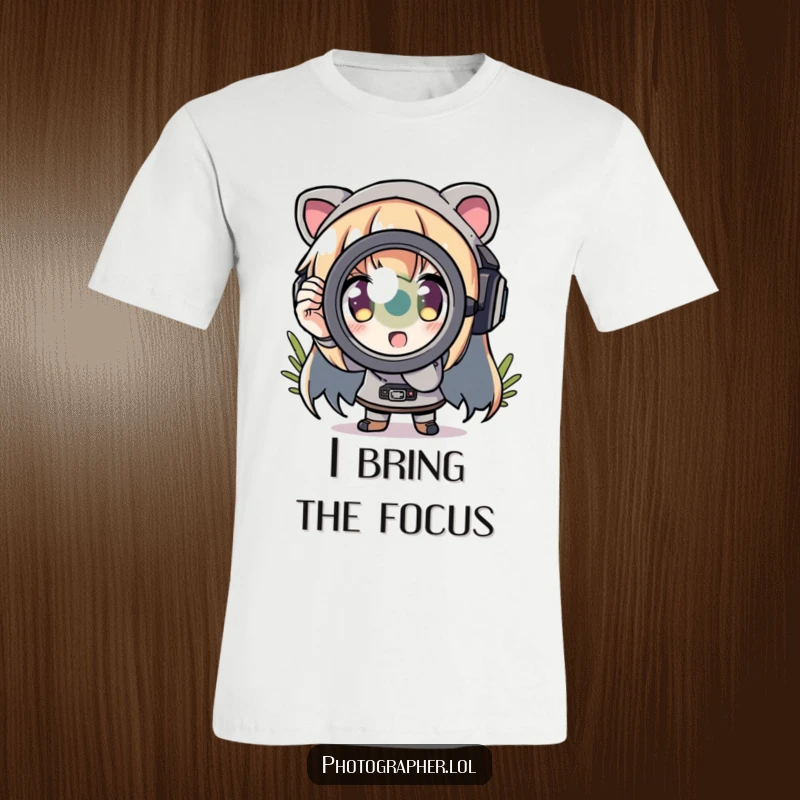 Funny t-shirt with a character zooming into a scene using a comically exaggerated lens, capturing details.