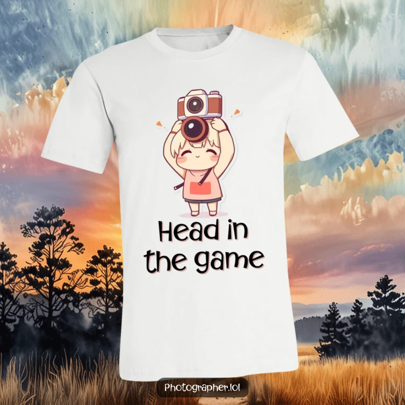 Funny t-shirt featuring a character balancing a camera on their head with clumsy delight, perfect for photographers with a sense of humor.