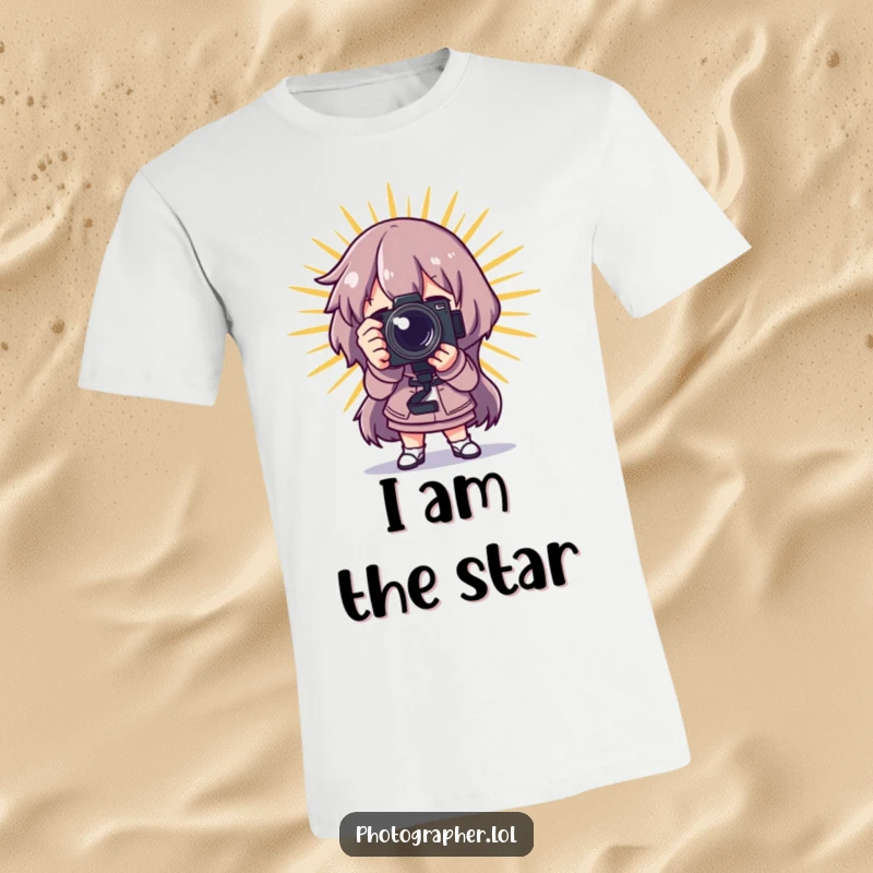 Funny photographer t-shirt, a character posing dramatically with a camera and a starburst, highlighting artistic flair and humor.