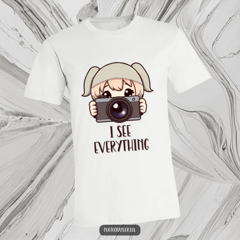 Funny t-shirt showing a character peeking with wide eyes from behind a camera, ideal for introverted photographers and humor lovers.