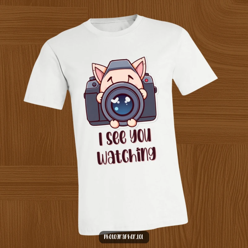 Funny t-shirt featuring a character with a playful, mischievous grin peeking out from behind a massive camera lens.