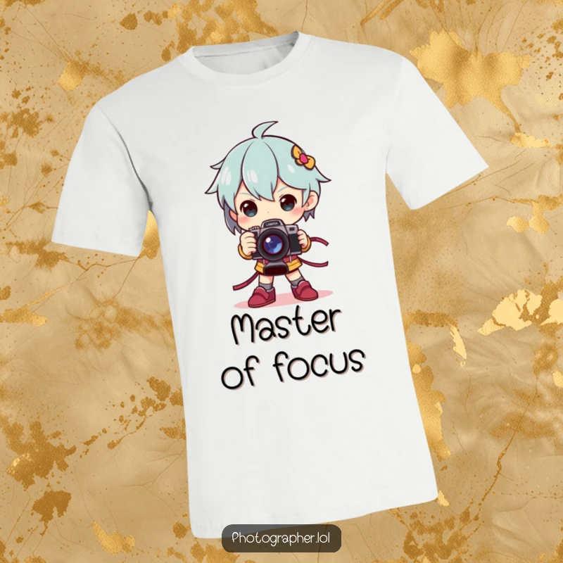 Funny t-shirt featuring a character striking a bold, dramatic pose, holding a camera as if it were a prestigious trophy.