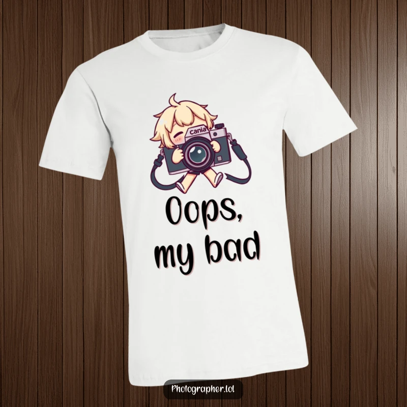 Funny t-shirt with a character tripping over a camera strap, arms and legs flailing in a funny, chaotic scene.