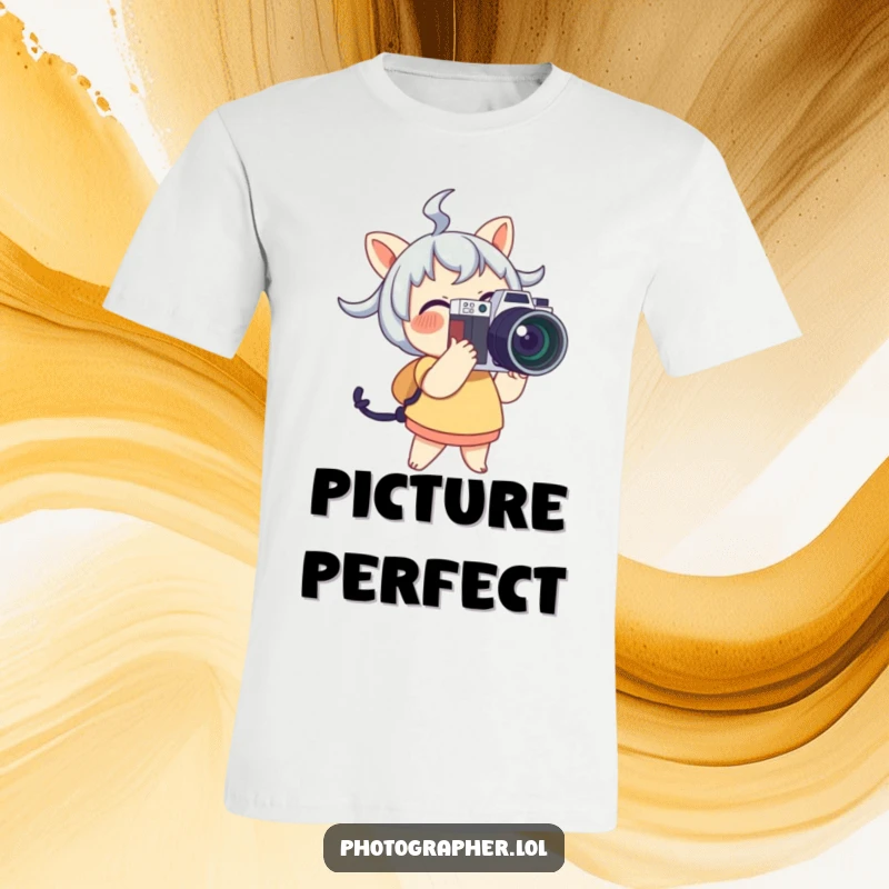 Funny T-Shirt with a cute character joyfully posing with a large camera, flash popping, celebrating the art of photography.