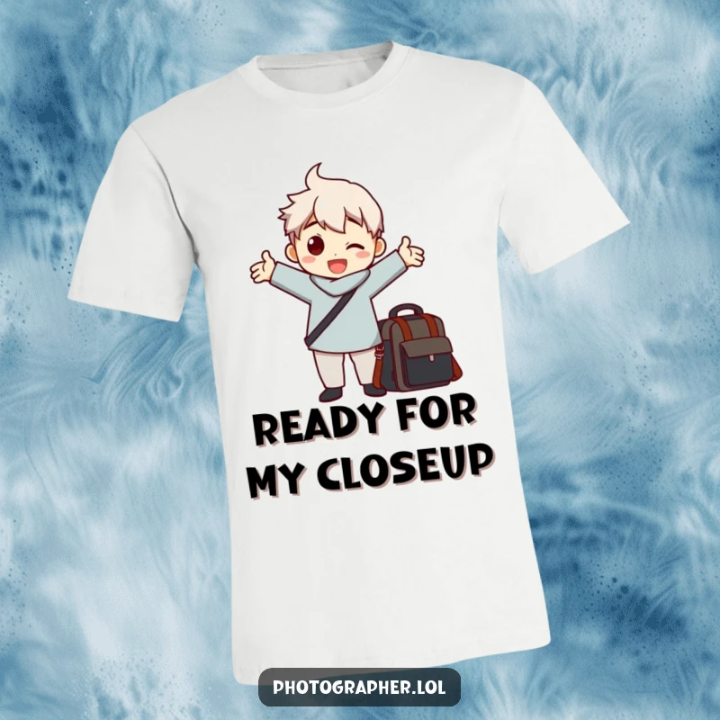 Funny t-shirt showing a character in a dramatic pose with arms outstretched beside a camera bag, perfect for photographers.