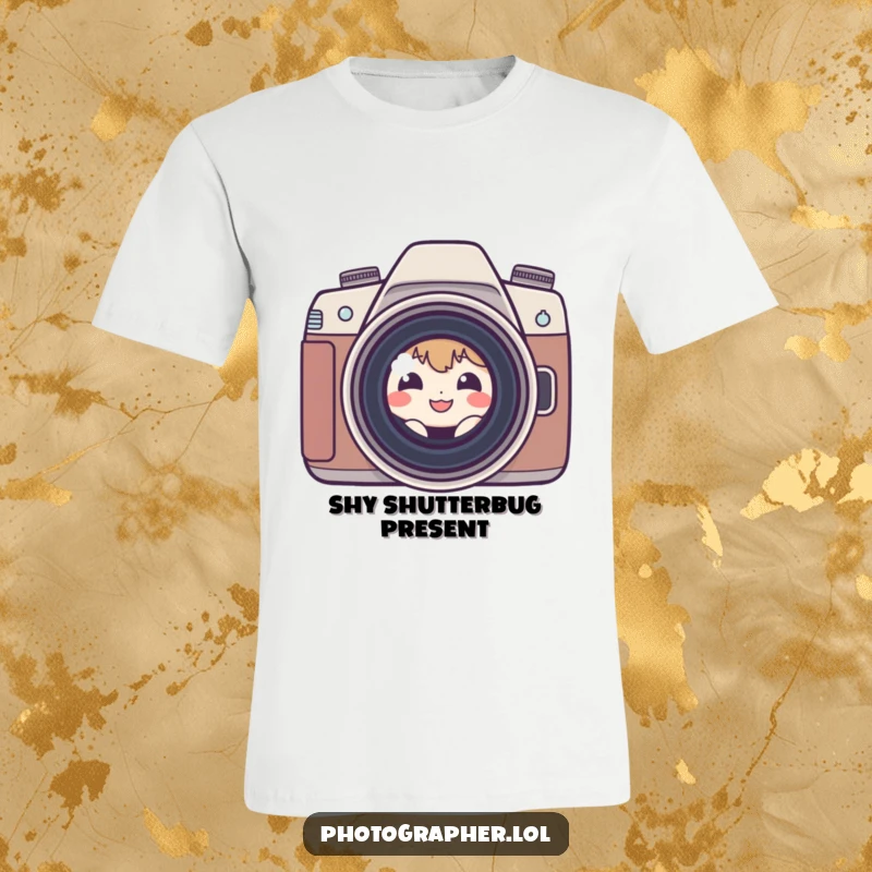 Funny shy photographer t-shirt featuring a small, bashful character grinning from behind a camera lens, ready to shoot.