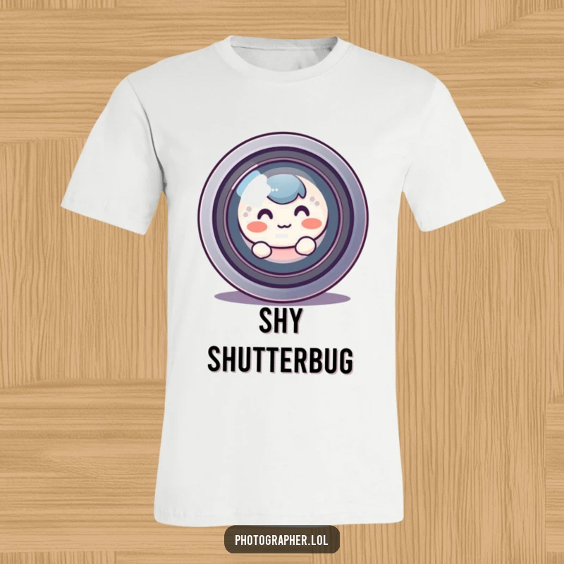 Funny blushing character hiding behind a huge camera lens and peeking out, a humorous t-shirt for shy photographers.