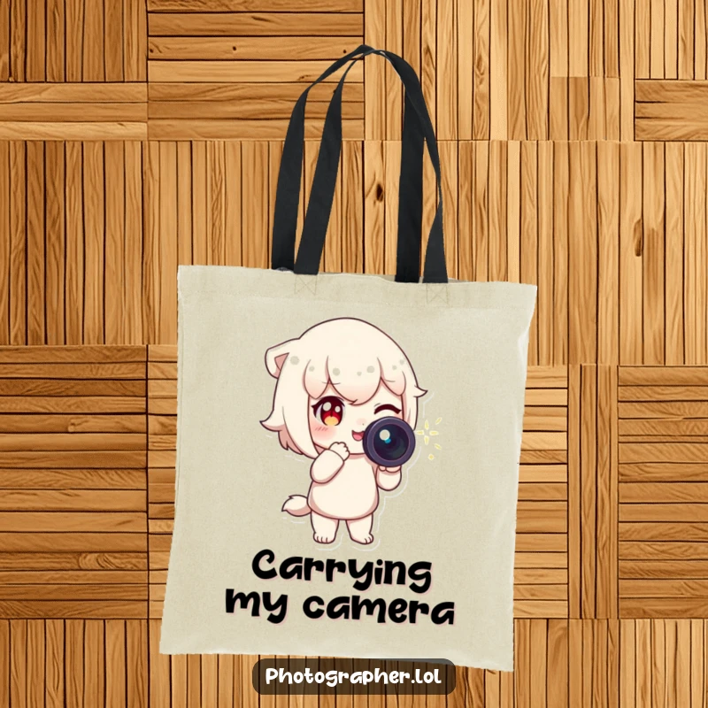 Funny Tote Bag showcasing a character winking and pointing a camera with a sparkling light trail, stylish and humorous for photographers.