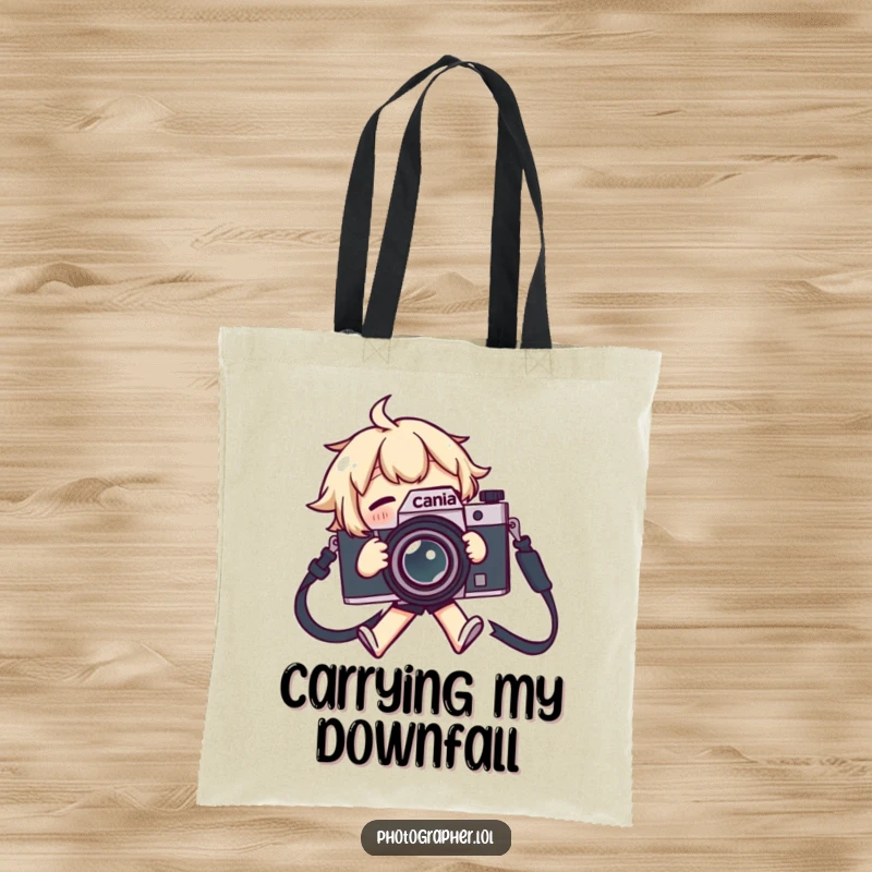 Funny tote bag with a character tripping over a camera strap, flailing arms and legs, capturing chaos.