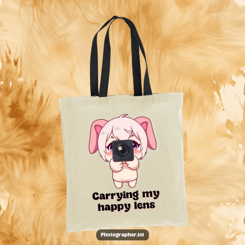 Funny tote bag showing a character pointing a camera forward with a big smile, great for carrying photography equipment.