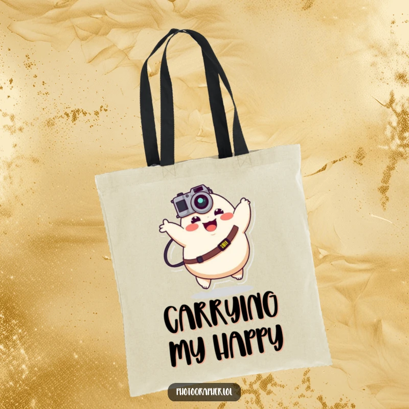 Funny plump character joyfully bouncing with a camera strap, a humorous and practical tote bag for happy photographers.